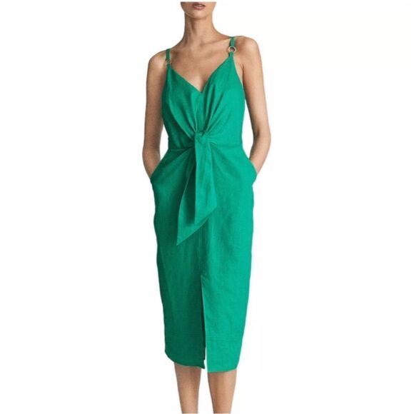 REISS Kay Bright Green Tie Detail Midi Linen Plunge Dress - Picture 1 of 8